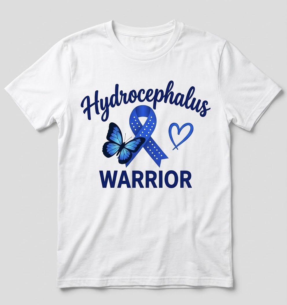 White t-shirt printed Hydrocephalus Warrior with a royal blue awareness ribbon, butterfly, and heart